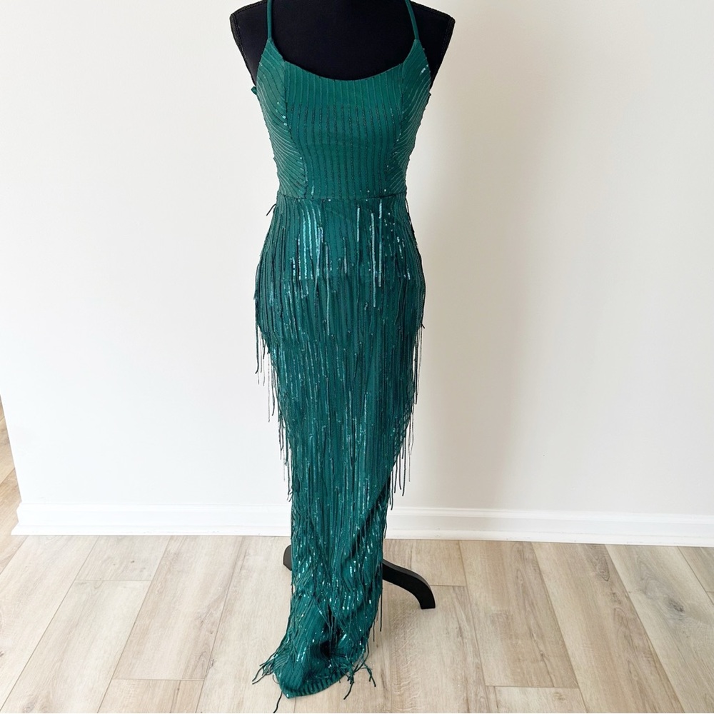 City Vibes Emerald Green Fringe Criss Cross Back Prom Dress w/ Side Split